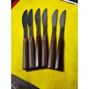 Lot Of 6 Vintage Woodwind Stainless Dinner Knives Brown Faux  Wood Handle MCM